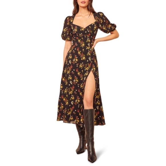 Reformation Vionette Dress Women’s 4 Midi Floral Slit Front Short Puff Sleeve Y - Picture 2 of 9